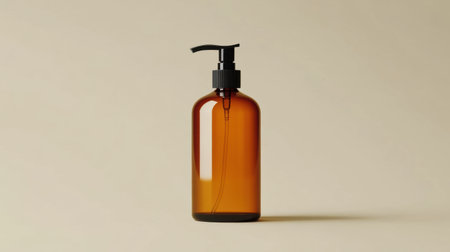 Elegant amber bottle with a pump on a minimalist beige background, ideal for product mockups in beauty and healthcare.の素材