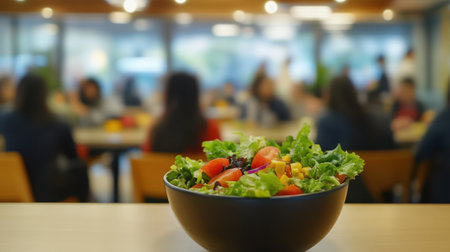 Healthy salad bowl on a cafeteria table, with a bustling crowd blurred in the background, ideal for promoting fresh food options.の素材