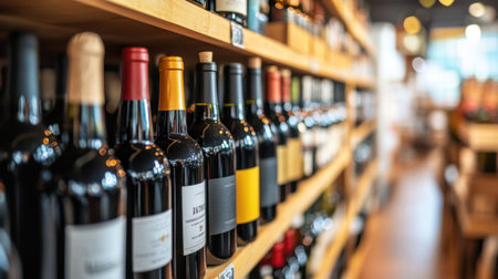 Defocused wine bottles on wooden shelves in a cozy liquor store, offering the perfect backdrop for beverage-themed visuals.の素材