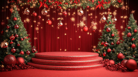 Elegant holiday podium on a red backdrop, framed by shimmering decorations, red baubles, and festive accents, creating a cheerful holiday display.の素材