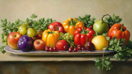 Fresh, colorful fruits and vegetables in an artistic still life, highlighting their natural beauty and abundance in a cheerful arrangement.の素材