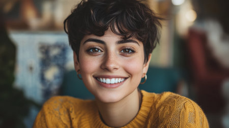 Friendly young woman with short hair smiling warmly, perfect for personal or professional settings.の素材