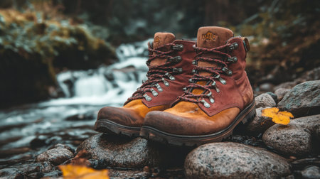 Sturdy hiking boots placed on rocks near a flowing stream, capturing the essence of outdoor exploration and nature.の素材