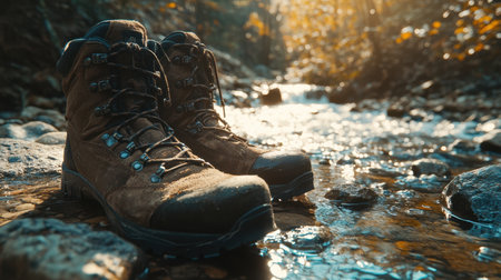 Hiking boots by the edge of a stream, with sunlight filtering through trees, symbolizing adventure and connection with nature.の素材