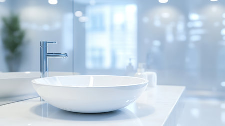 Modern bathroom with a sleek, empty countertop, ideal for product display or design concepts, with a blurred background of fixtures.の素材