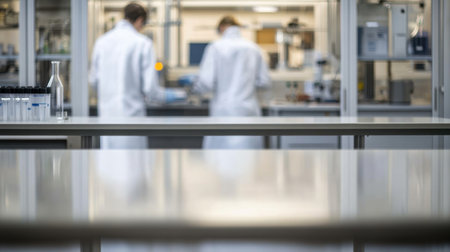 Modern laboratory background with an empty table in the foreground, while scientists work on research behind blurred glass walls.の素材