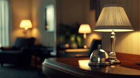 Reception bell on a hotel desk illuminated by warm lighting, creating an inviting and comfortable ambiance.の素材
