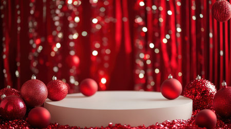 Red and white holiday scene with a white podium, glittering decorations, and bright red ornaments, evoking the festive spirit.の素材