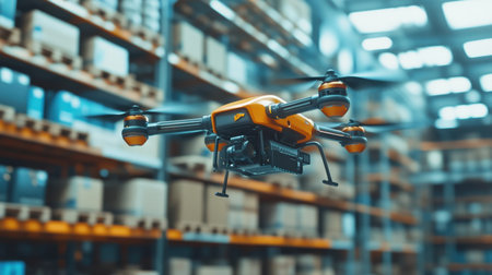 Package delivery drone in action, flying over a warehouse floor filled with products, emphasizing speed and technology.の素材