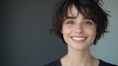 Smiling young woman with short, chic hair, radiating confidence and warmth, in a close-up portrait.の素材