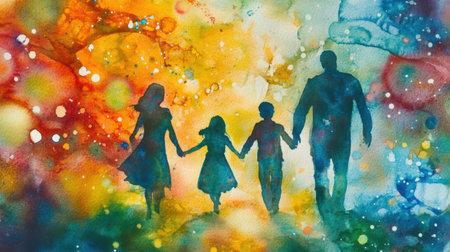Watercolor painting of a family holding hands, showing love, connection, and support, with vibrant colors.の素材
