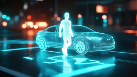 3D-rendered white car with a glowing pedestrian icon projected in front, showcasing AI innovation for safe urban parkingの素材