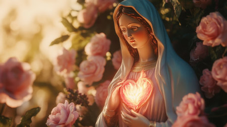 A close-up of the Immaculate Heart of the Holy Mary, depicted with a flaming heart and flowers, symbolizing purity, devotion, and maternal loveの素材