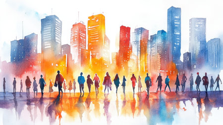 Watercolor painting of a bustling city skyline with a diverse group of people walking along the streets, set against a bright sky.の素材