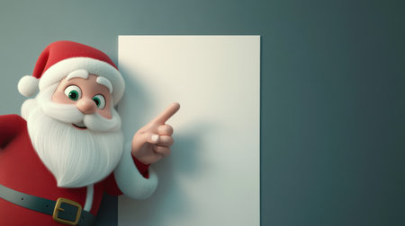 A cartoon Santa Claus points at an empty white wall, ideal for festive designs or Christmas messages with room for text or custom graphics.の素材
