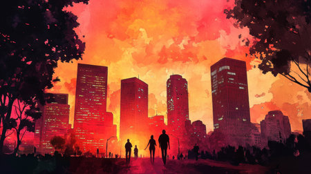 Watercolor illustration of a city skyline at sunset, with people walking along a park path, blending urban life with nature.の素材