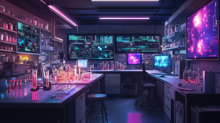 A modern anime-style science lab with digital screens, test tubes, and glowing equipment for groundbreaking experimentsの素材