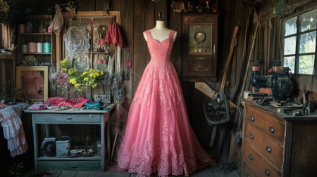 A pink dress on display in a vintage sewing room with sewing tools and fabric surrounding the mannequin, symbolizing creativity and fashion designの素材