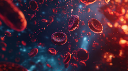 A dynamic view of red blood cells floating in a medical design background, highlighting the importance of blood health and science.の素材