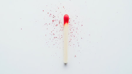 A single burnt matchstick with its tip glowing faint red, scattered ashes on a clean white background, symbolizing emotional burnout and exhaustion.の素材