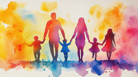 Watercolor painting of a family holding hands, showing love, connection, and support, with vibrant colors.の素材
