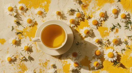 A warm cup of chamomile tea with scattered chamomile flowers on a yellow and white backdrop, flat lay design perfect for tea ads.の素材