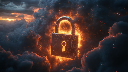 A glowing silver padlock wrapped in dense digital clouds, emphasizing security and protection of online dataの素材
