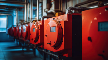 A row of modern red gas boilers in a sleek industrial boiler room, representing energy efficiency and industrial heating systems.の素材
