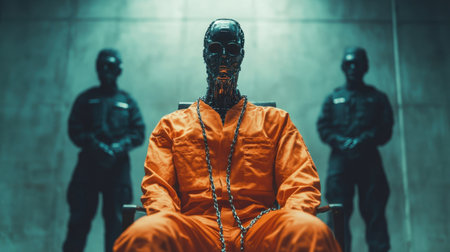AI robot in an orange jumpsuit, chained and seated in a courtroom, facing judgment. Guards in the background, highlighting dystopian AI control themes.の素材