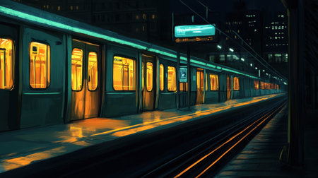 Subway station late at night, with a train doors open, warm lights reflecting on the dark platform, creating a peaceful urban scene.の素材
