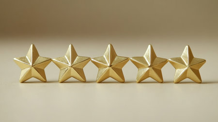 Five gold stars lined up in a row on a neutral background, symbolizing excellence and high performance in ratings or reviews.の素材