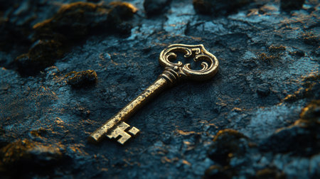 An antique golden key resting on a dark, mysterious background, representing unlocking new paths, security, and hidden mysteries.の素材