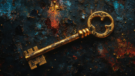An antique golden key resting on a dark, mysterious background, representing unlocking new paths, security, and hidden mysteries.の素材