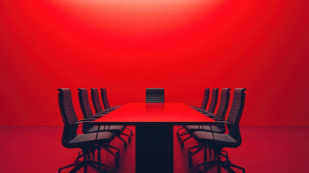 Modern office table with chairs surrounding it, set against a bold red background, perfect for business presentations.の素材