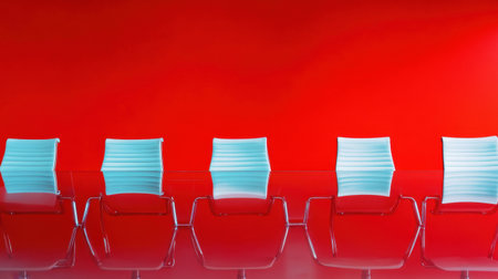 Contemporary conference table with chairs neatly arranged, set against a vibrant red background, ideal for business themes.の素材