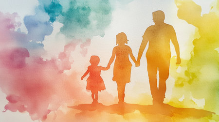 Artistic watercolor silhouette of a family walking hand in hand, capturing the essence of togetherness and affection.の素材