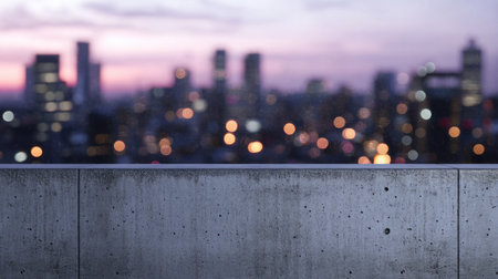 A raw concrete wall in front of a blurred evening city scene with bokeh lights, ideal for urban lifestyle or creative visuals.の素材