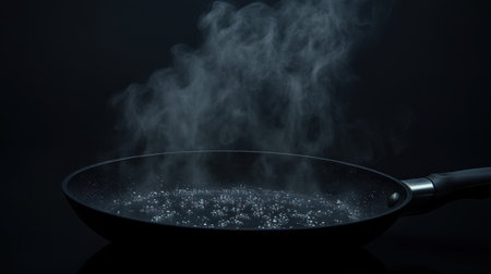A steaming black frying pan with sizzling grease rising into the air, against a dark, moody backdrop.の素材
