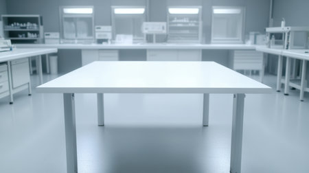 Empty white table in a high-tech lab, providing space for product or gadget display. Perfect for modern research settings.の素材