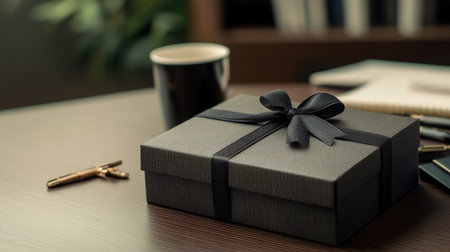 Elegant gift box on an office desk, positioned alongside stationery, perfect for celebrations or corporate gifting.の素材
