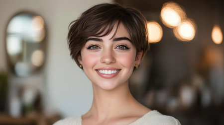 Smiling young woman with short, chic hair, radiating confidence and warmth, in a close-up portrait.の素材