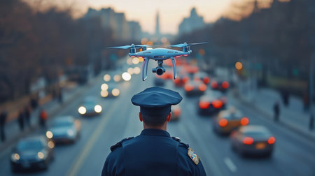 A police officer monitoring traffic with a drone, showcasing the use of technology in urban safety and law enforcement. Selective focus with a busy city backdropの素材