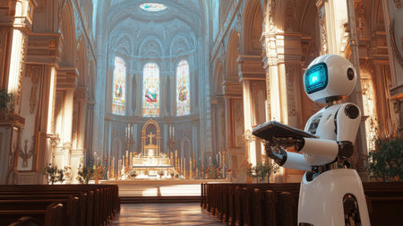 An AI robot, robed as a priest, preaching in a beautifully lit church, symbolizing the intersection of faith and advanced technology.の素材