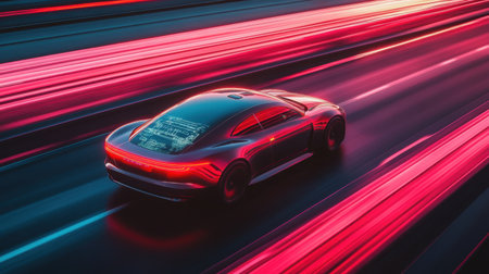 Futuristic self-driving car speeds on a neon-lit highway, AI control panel glowing as advanced digital elements guide itの素材
