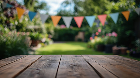 An empty wooden table in focus, with colorful triangular banners in the blurred garden background, awaiting a joyful birthday party celebration.の素材