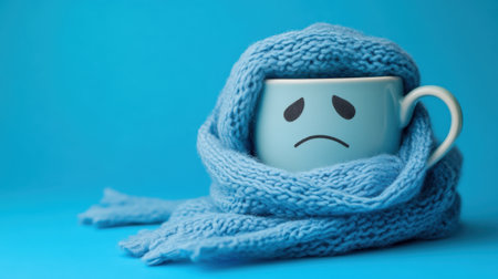 Blue coffee cup with sad face, scarf wrapped around, on blue backdrop. Ideal for Blue Monday or mental health awareness concepts.の素材