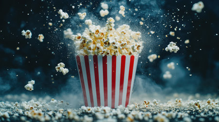 Close-up of popcorn exploding from a striped red and white container. Dynamic shot perfect for movie night promotions or snack adsの素材