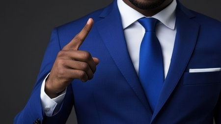 Close-up of a businessman in a blue suit, finger extended towards the viewer, symbolizing leadership and professional recruitment.の素材