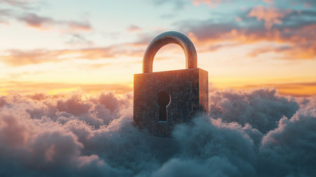 Metallic padlock floating in a digital sky surrounded by data clouds, representing cloud security and digital safeguardingの素材
