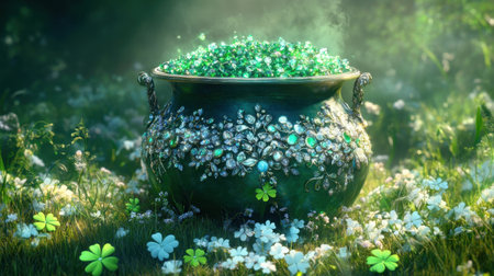 Irish pot overflowing with shimmering emeralds, real clovers encircling the scene, soft green hues in the backgroundの素材